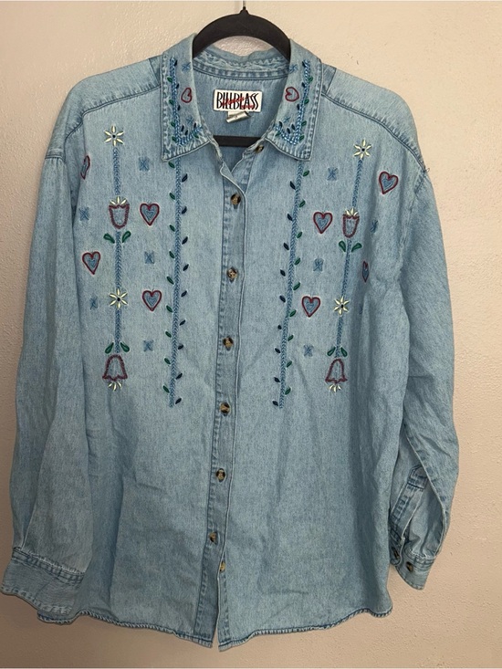 bill bass Tops - bill blass Light Blue Embroidered Denim Button-Down Shirt